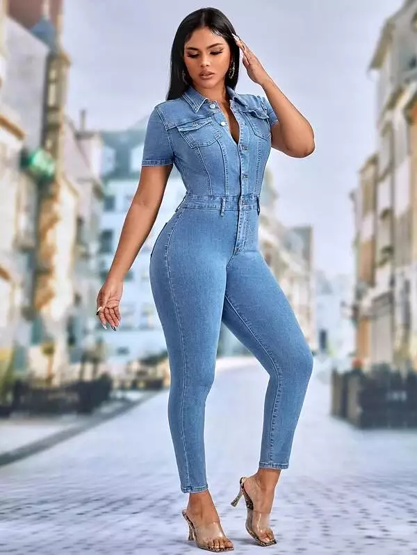 Ashoreshop   Stretch Overalls Sexy Women Turn Down Collar Elegant Blue Denim Casual Jumpsuit Rompers