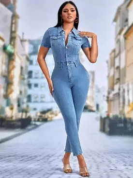 Ashoreshop   Stretch Overalls Sexy Women Turn Down Collar Elegant Blue Denim Casual Jumpsuit Rompers