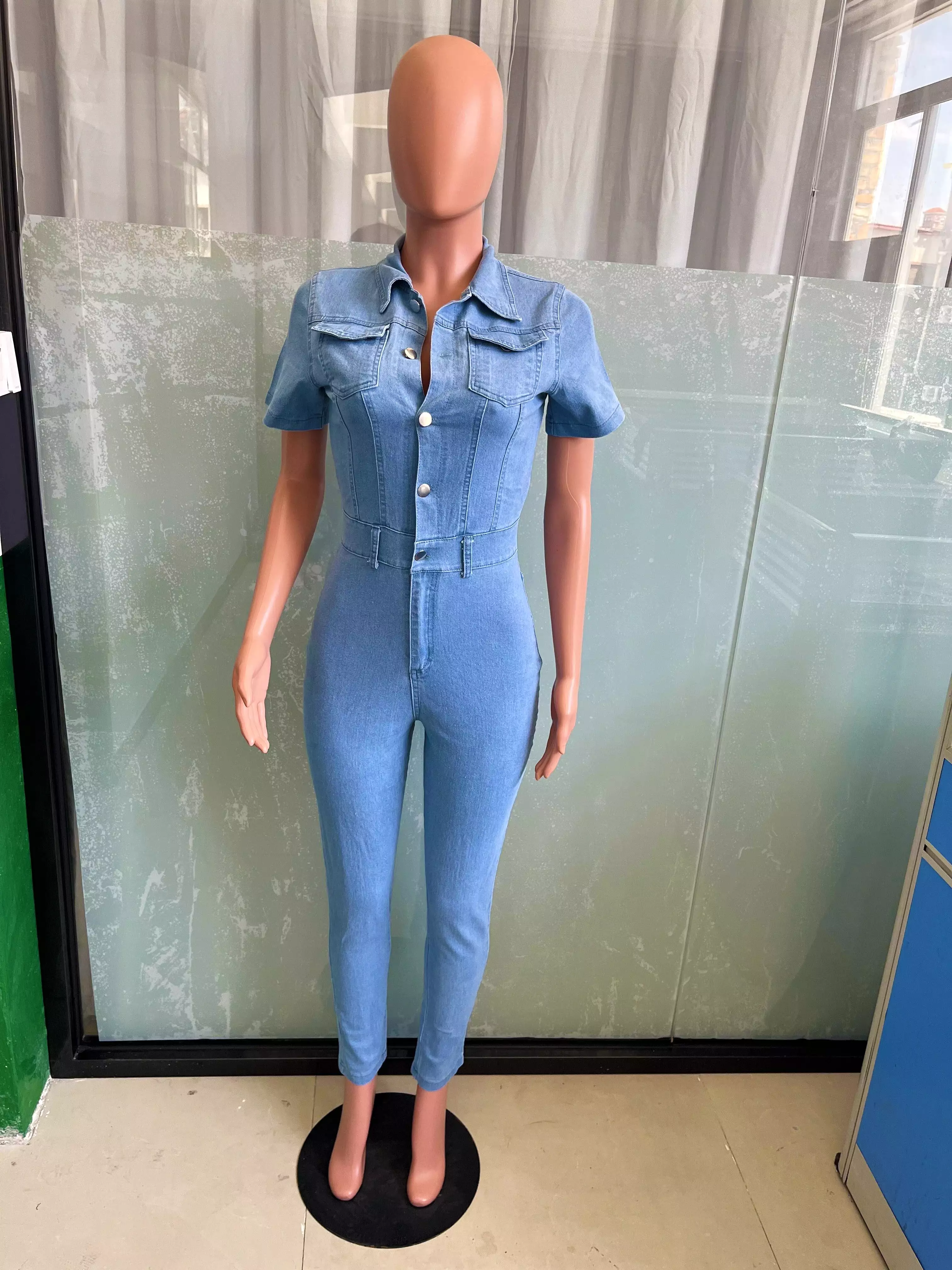 Ashoreshop   Stretch Overalls Sexy Women Turn Down Collar Elegant Blue Denim Casual Jumpsuit Rompers