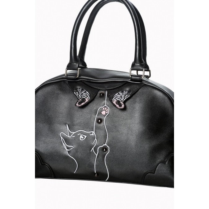 Black Kitten And Butterfly Detail Handbag