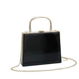 Black Patent Handbag With Gold Clasp and Chain Detail Shoulder Strap