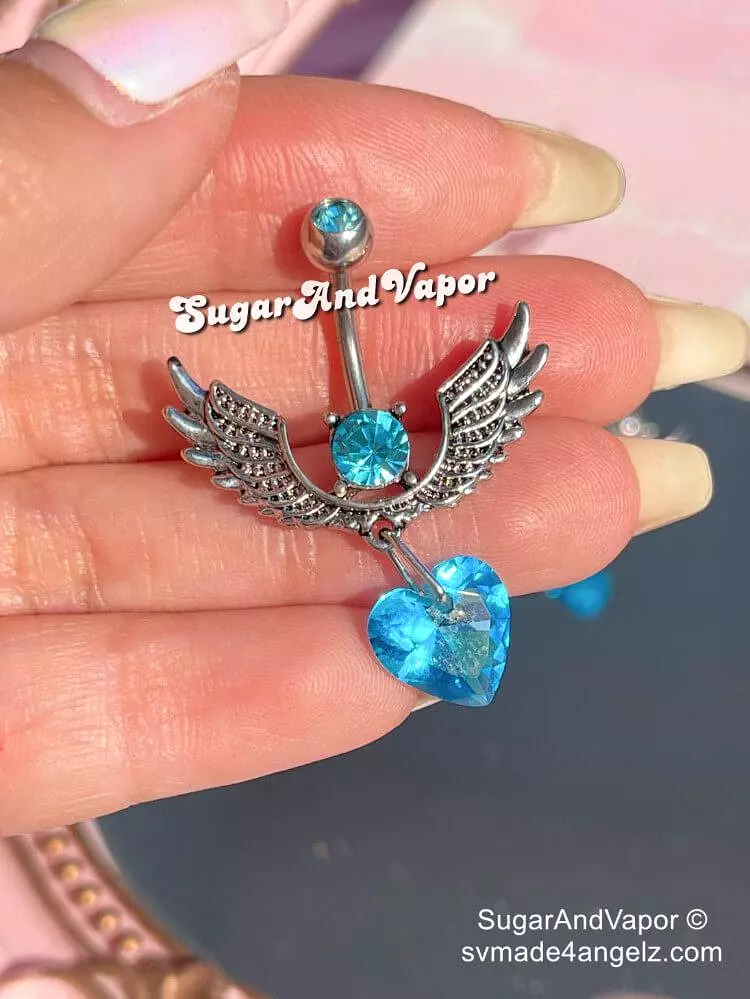 Blue Heart Angel Wings Bling Belly Ring