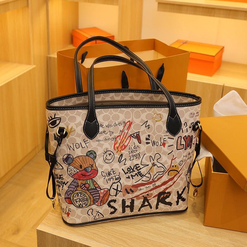 Cartoon bear soft leather graffiti printing tote bag