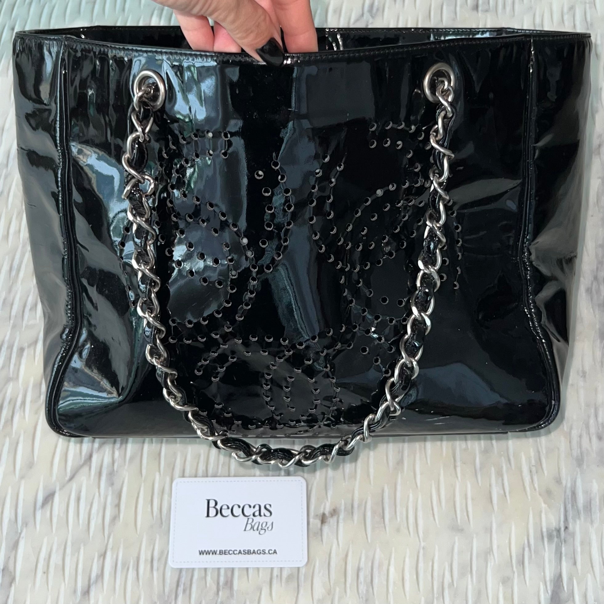 CHANEL CC Tote Bag Black Patent Leather