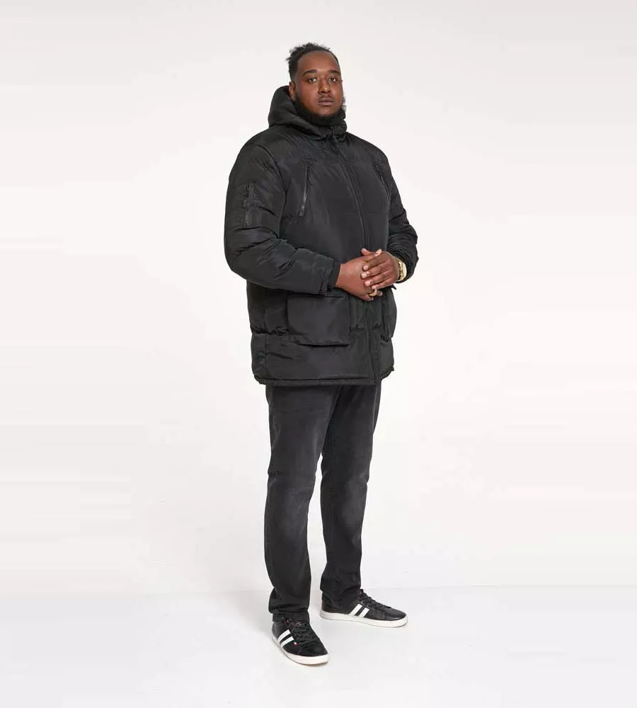 D555 Big Mens Black Quilted Parka Jacket With Zip Off Hood (CLAYDON)