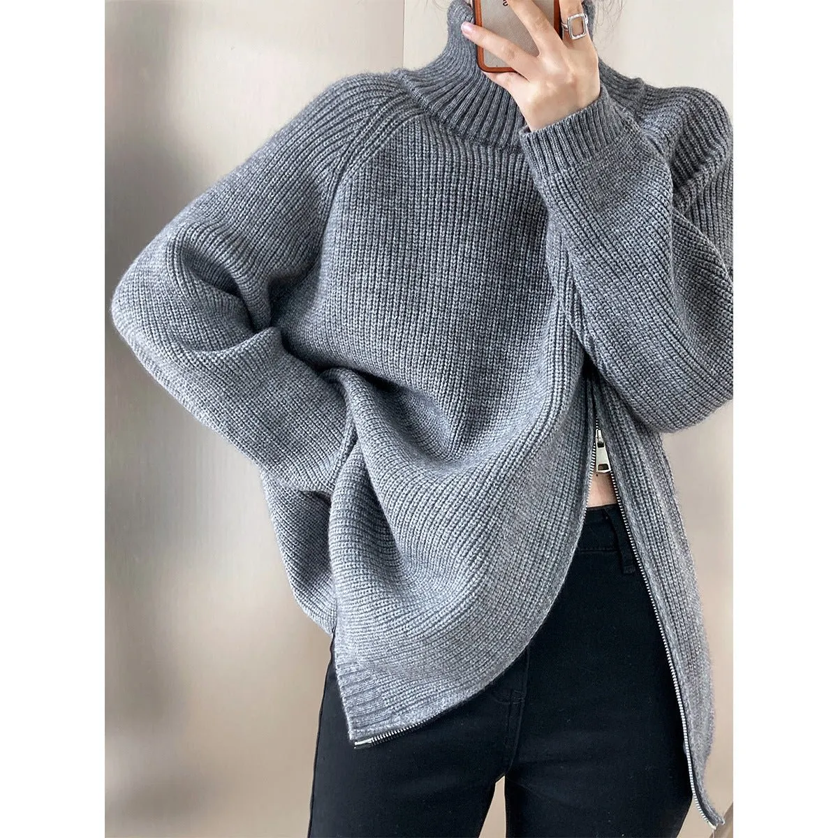 Design Double Headed Oblique Zipper Turtleneck Sweaters Women Clothing Autumn Winter Lazy Casual Sweater