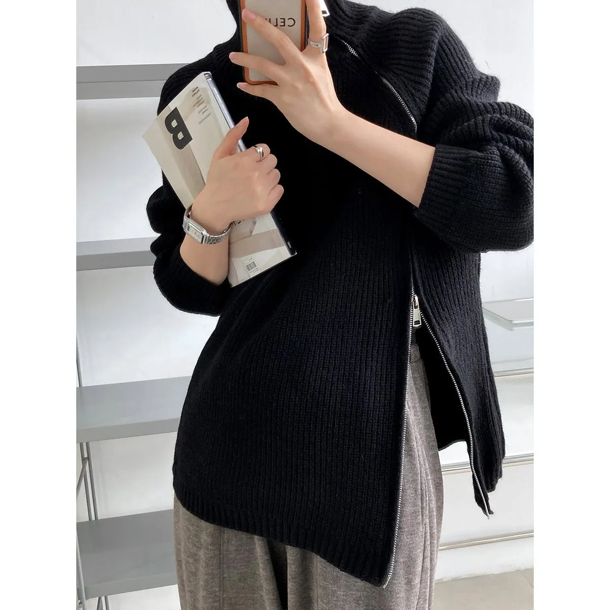 Design Double Headed Oblique Zipper Turtleneck Sweaters Women Clothing Autumn Winter Lazy Casual Sweater