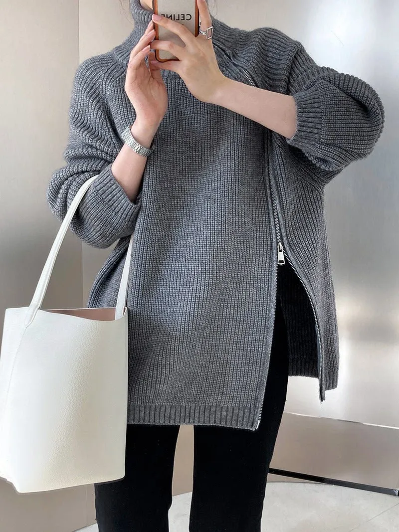 Design Double Headed Oblique Zipper Turtleneck Sweaters Women Clothing Autumn Winter Lazy Casual Sweater