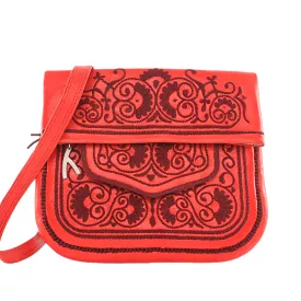 Embroidered Leather Berber Bag in Red