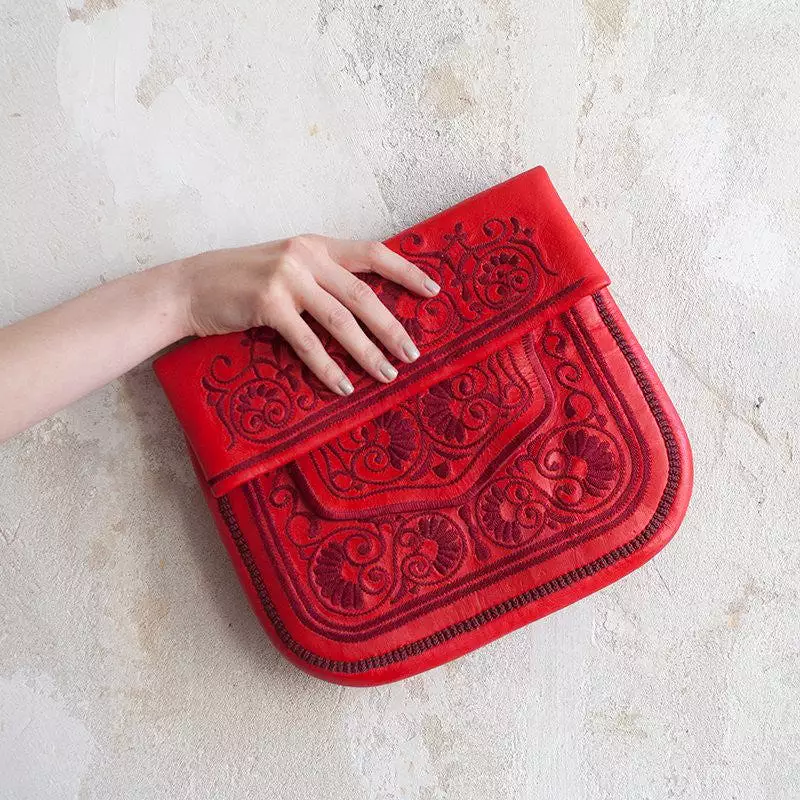 Embroidered Leather Berber Bag in Red