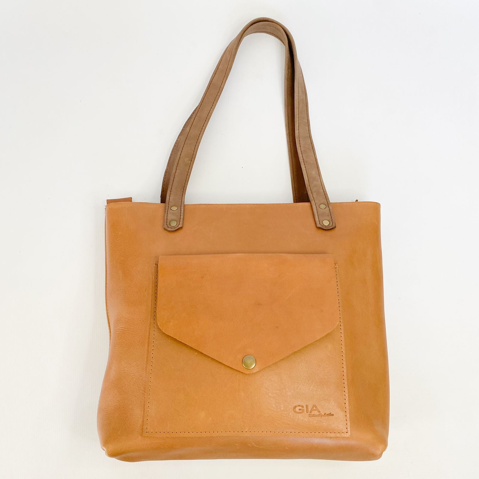 Gia leather tan tote with front pocket