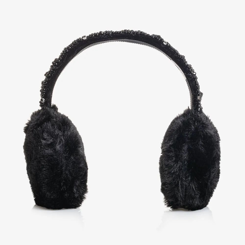 Girls Black Diamanté Plush Ear Muffs