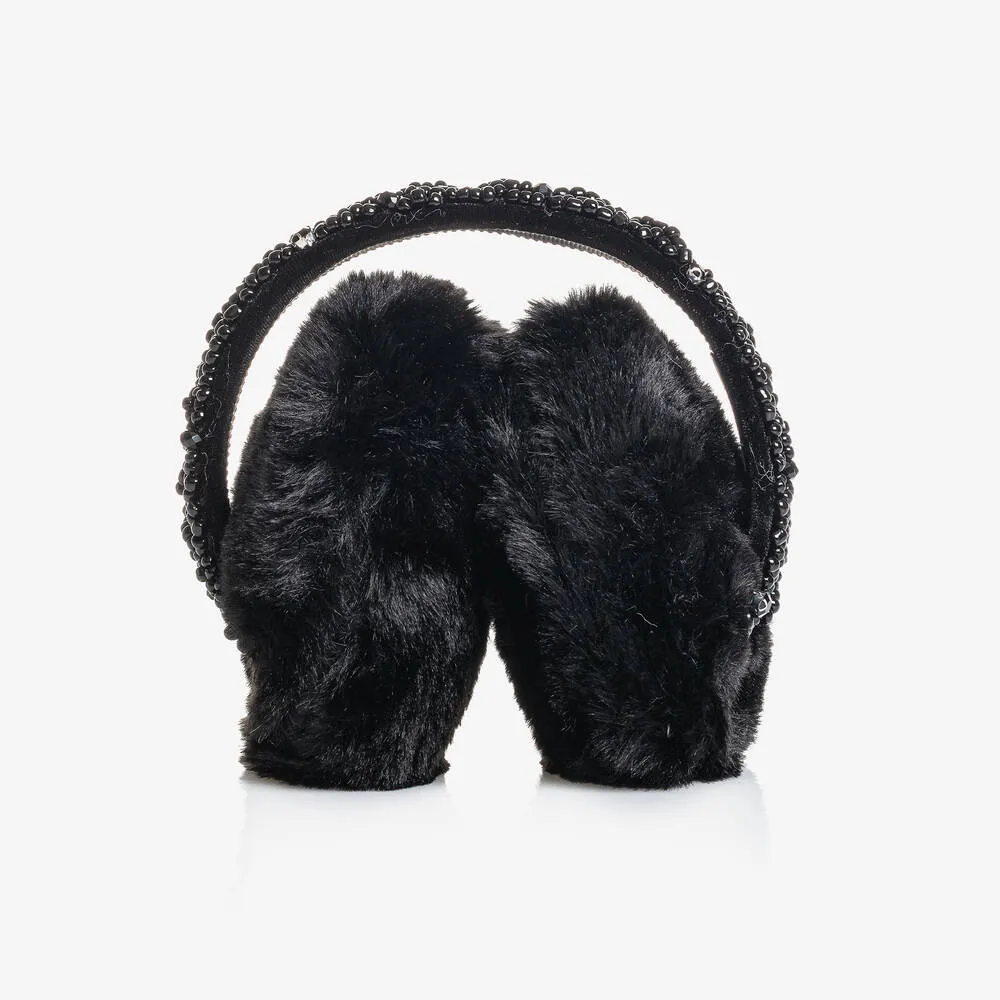 Girls Black Diamanté Plush Ear Muffs