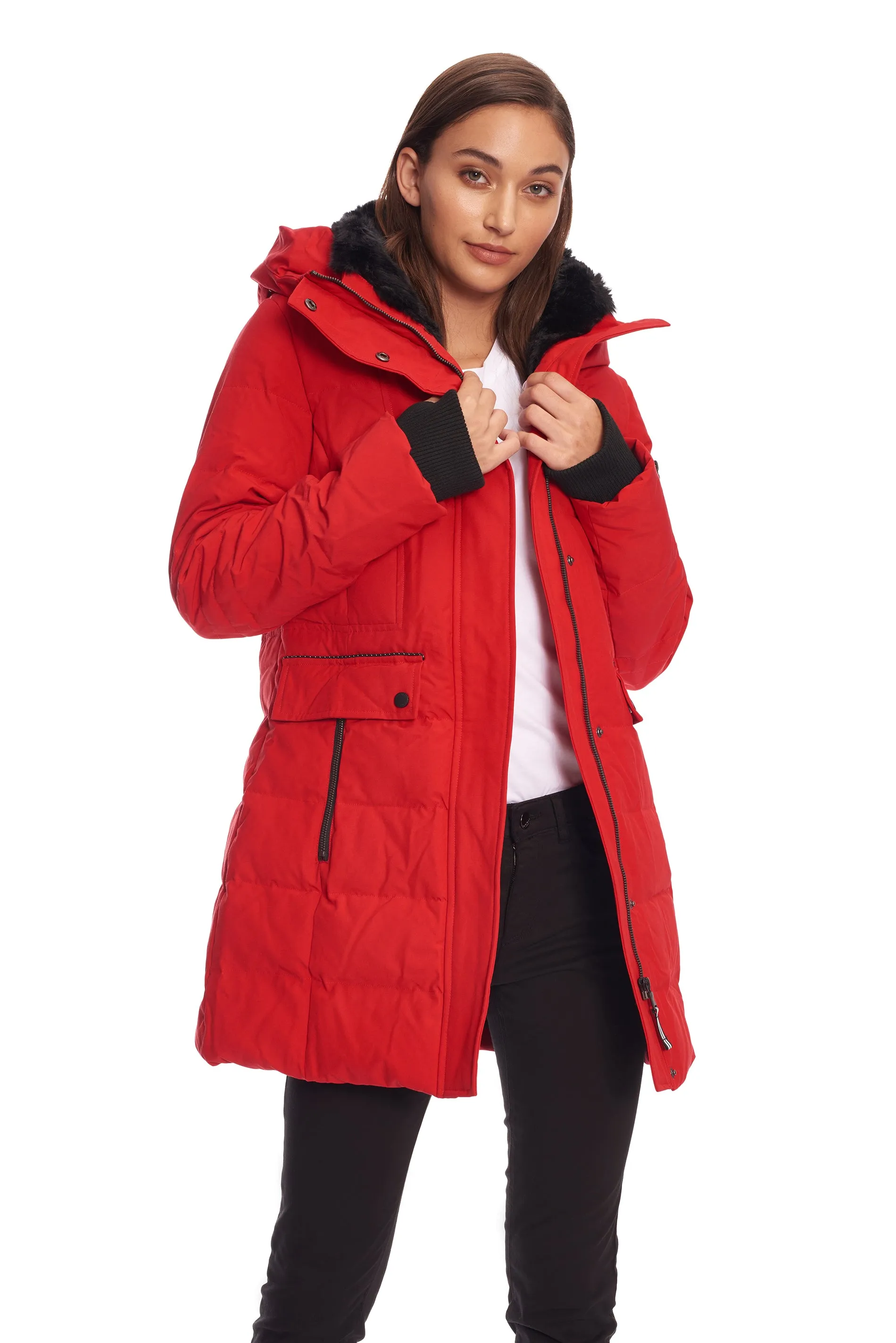 KOOTNEY | WOMEN'S VEGAN DOWN (RECYCLED) MID-LENGTH PARKA, CRIMSON