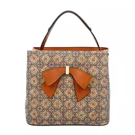 Large Blue Tile Printed Handbag with Faux Leather Bow  and Handle