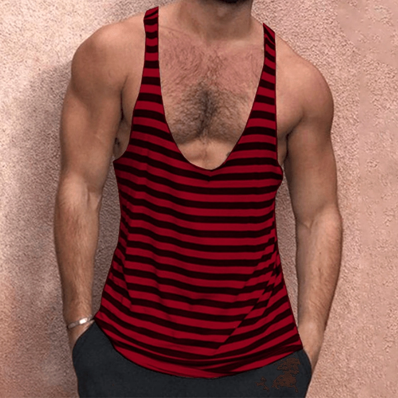 Men's Solid Color Deep V Neck Tank Top Casual Breathable Sweat Wicking Striped T-Shirt