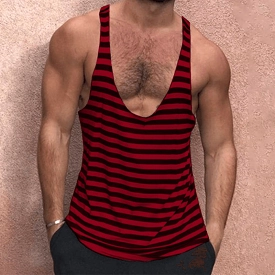 Men's Solid Color Deep V Neck Tank Top Casual Breathable Sweat Wicking Striped T-Shirt