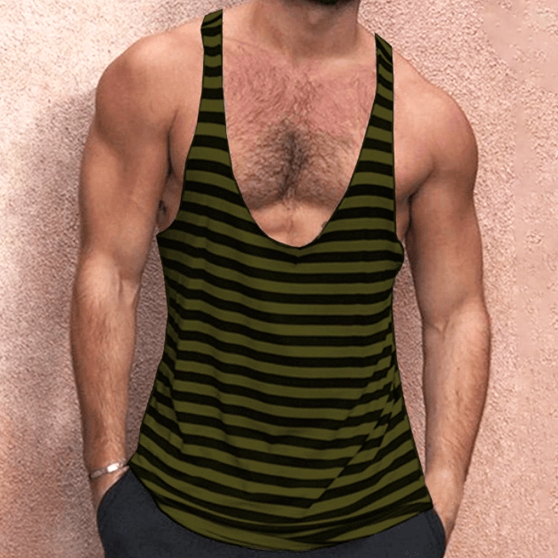 Men's Solid Color Deep V Neck Tank Top Casual Breathable Sweat Wicking Striped T-Shirt