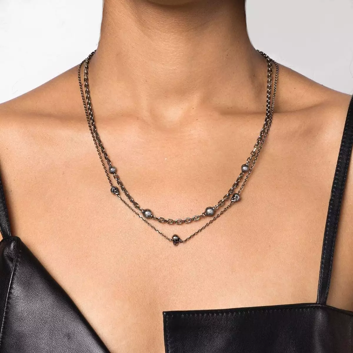 Pearl Skull Double Chain Necklace, Silver