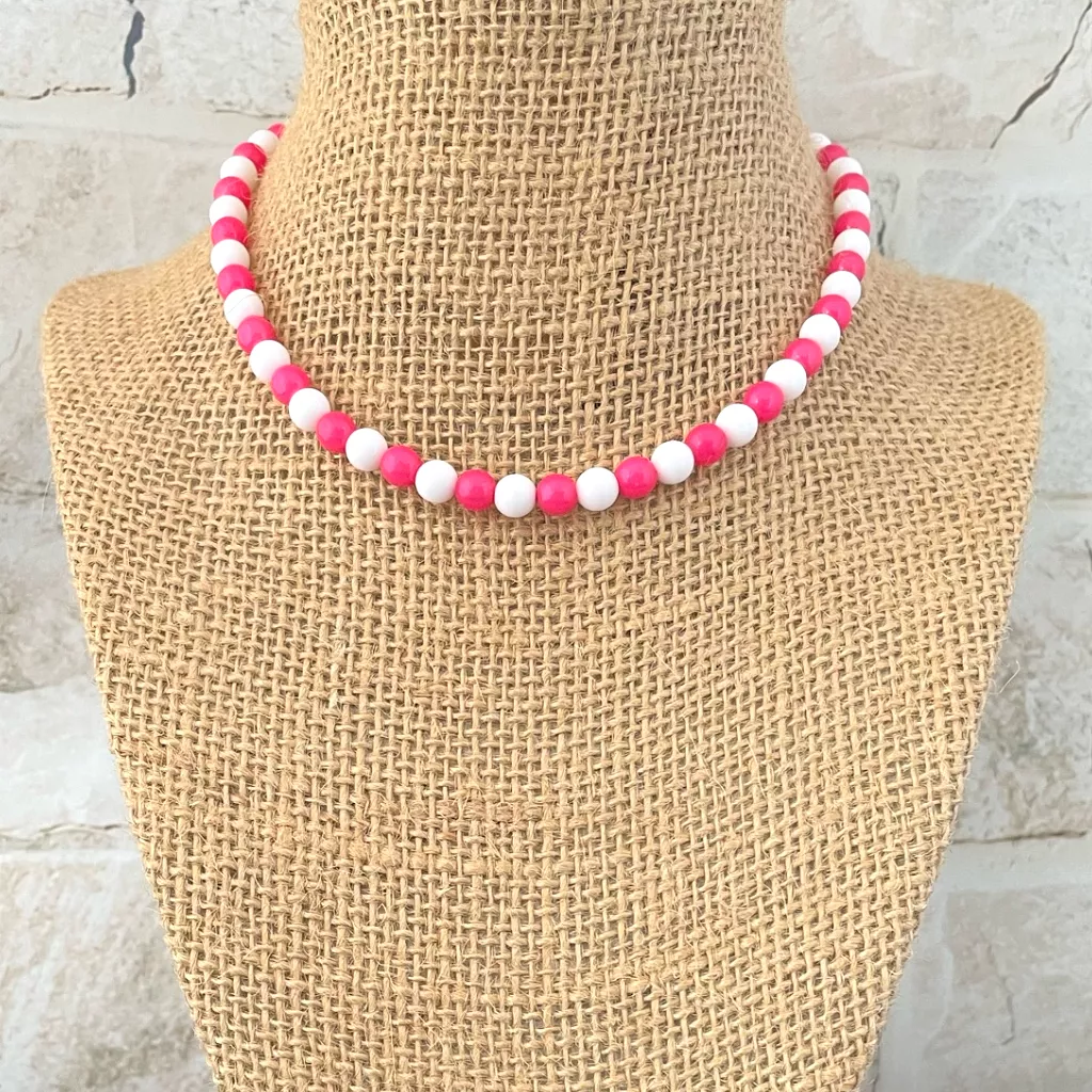 Pink and White Czech Beaded Necklace