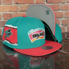 San Antonio Spurs Hardwood Classics Jumbotron Spurs Ripped Logo side patch Grey Bottom Teal/Red Snapback hat | Mitchell and Ness