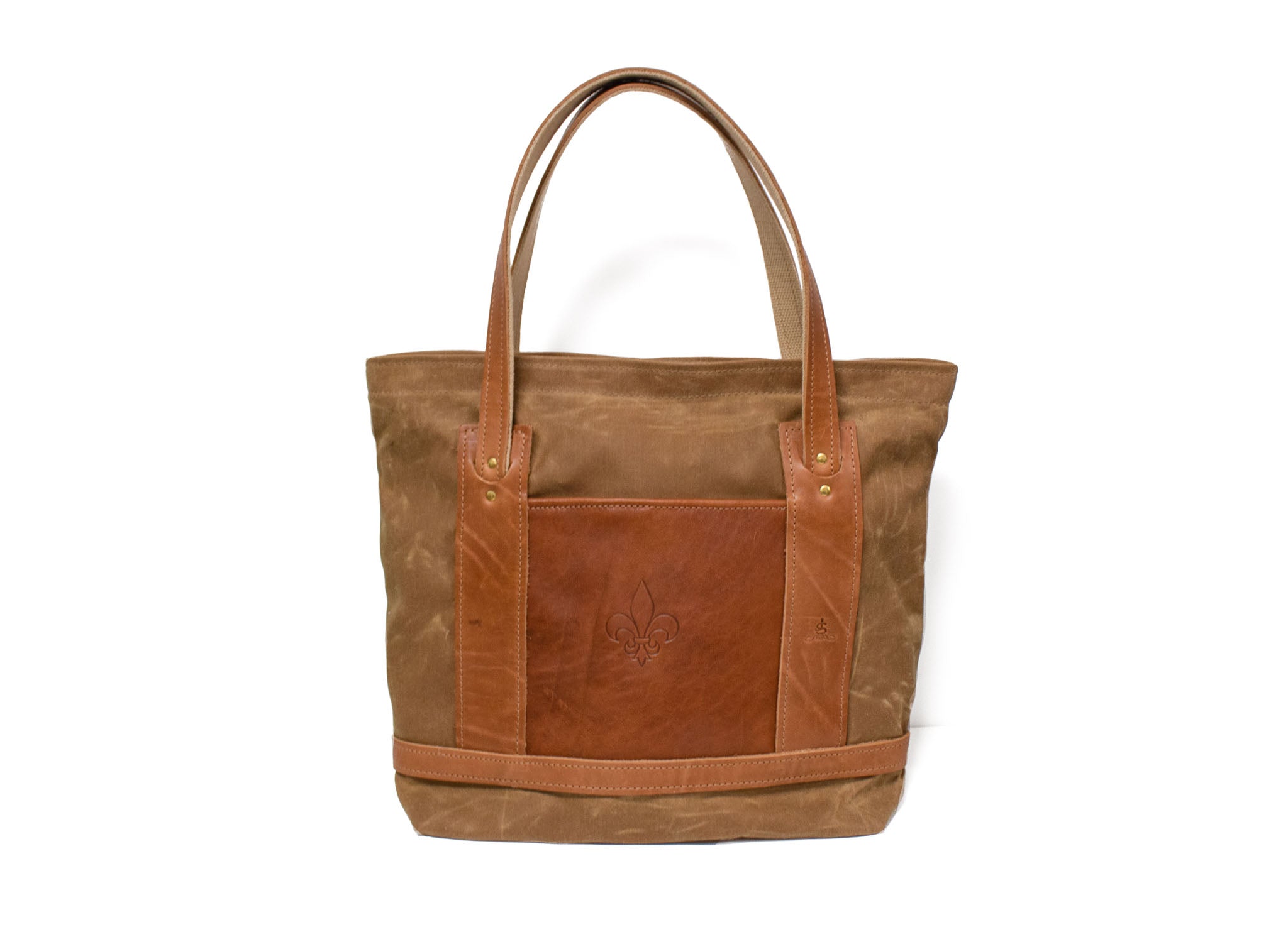 Tote Bag - Field Tan Wax with Natural Leather Trim and Pocket with Fleur Di Lis