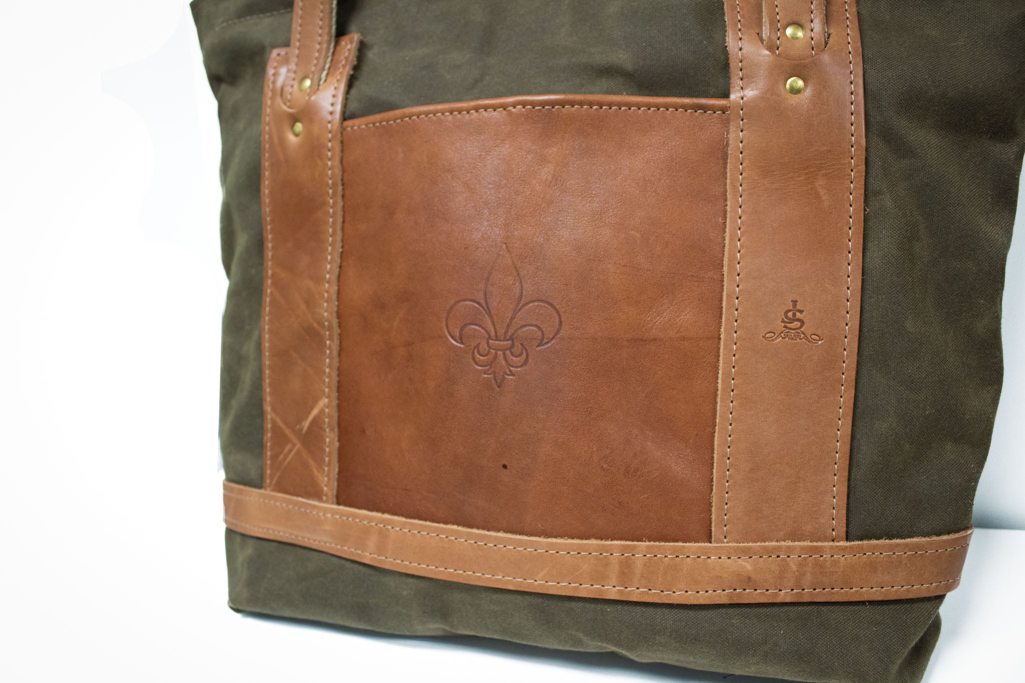 Tote Bag - Field Tan Wax with Natural Leather Trim and Pocket with Fleur Di Lis