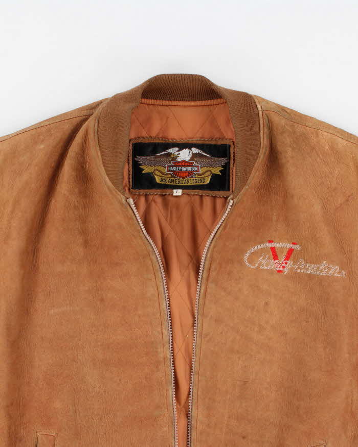 Vintage Men's Tan Harley Davidson Suede Leather Bomber Jacket - M