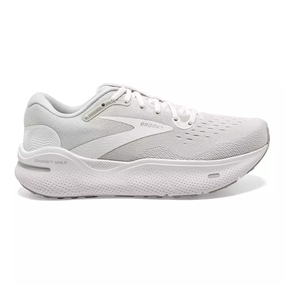 Women's Brooks Ghost Max, White/Oyster/Metallic Silver, 7 D Wide