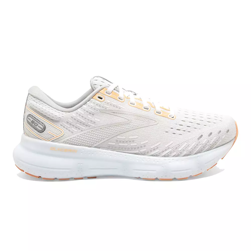 Women's Brooks Glycerin 20, White/Grey/Peach, 5 B Medium