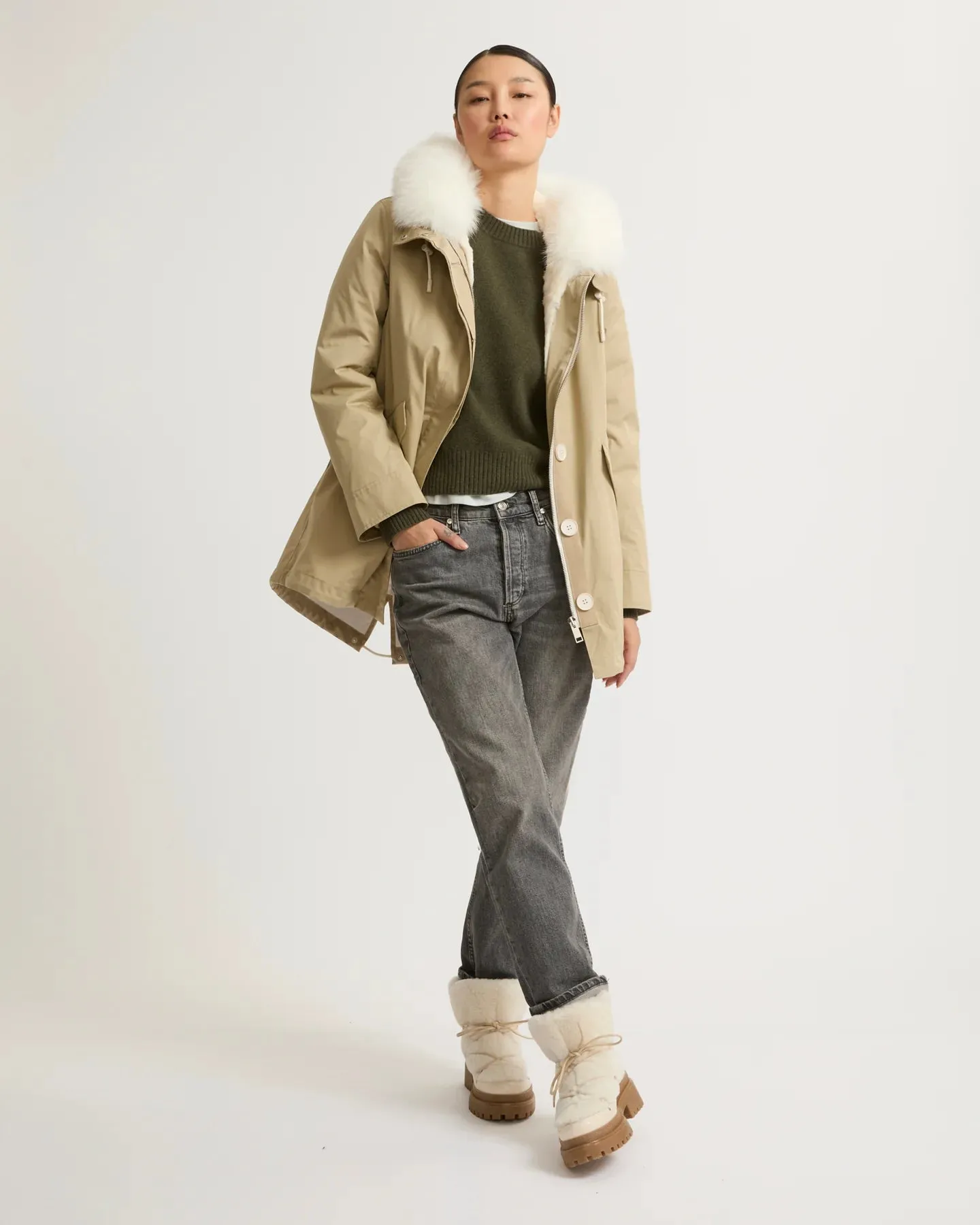 Yves Salomon Parka 72cm in Sable and Ivory